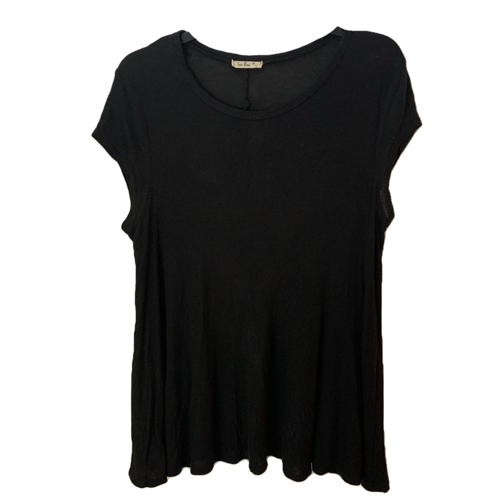 Black Ribbed A-Line High Low Short Sleeve Top